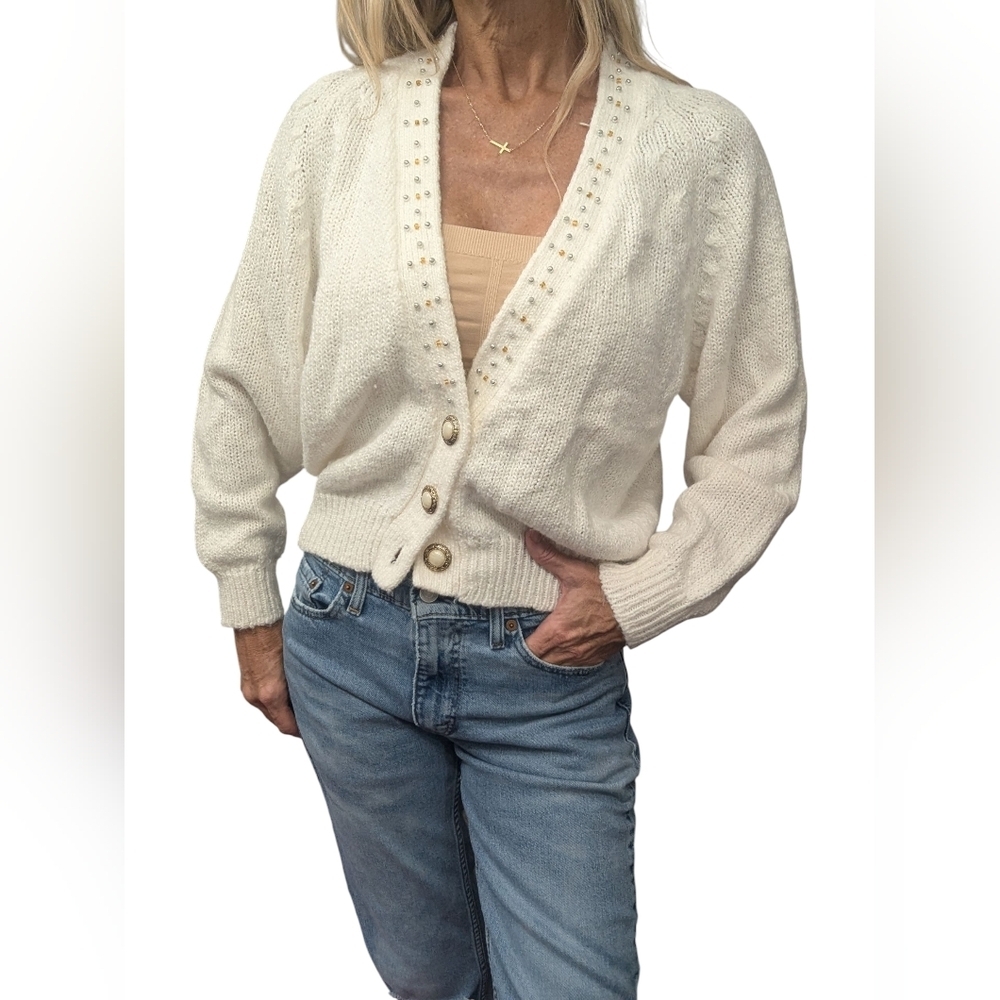 Vintage Beaded Ivory Cardigan Gold Pearl Buttons Soft Knit